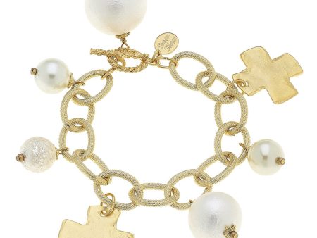 Gold Cross & Pearl Charm Bracelet For Sale