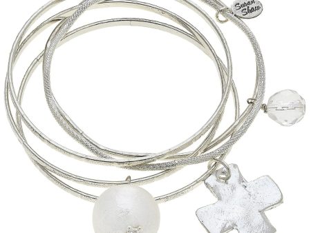 Silver Bangles w  Pearl & Cross - 5 pc. Cheap