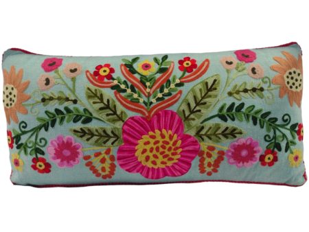 Embroidered Blue Cotton Floral Lumbar Pillow - 10  x 22  Supply