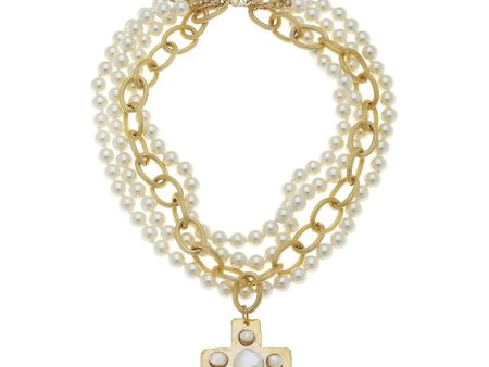 3-Strand Pearl Cross Gold Necklace Online