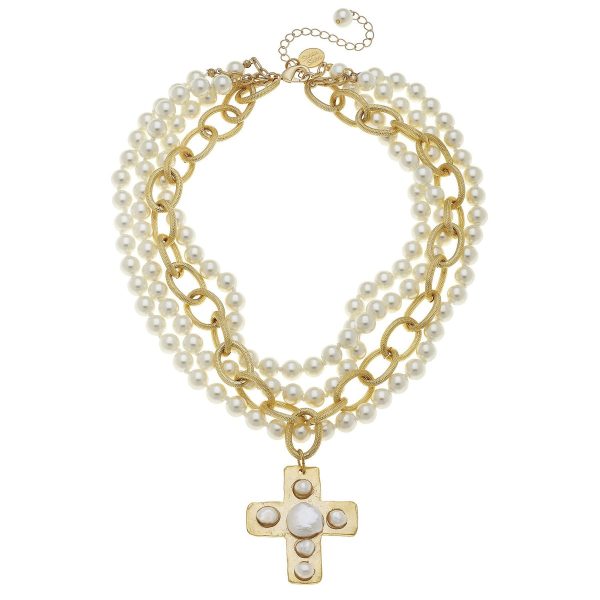 3-Strand Pearl Cross Gold Necklace Online