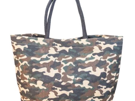 Camo Green & Brown Jute Tote For Sale