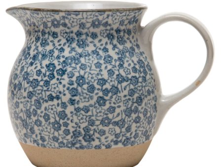 Hand-Painted Blue Floral Print Stoneware Pitcher Online Hot Sale