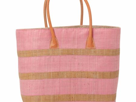 Pink Striped Raffia Tote Bag For Sale